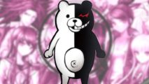 A Danganronpa sprite showing a teddy bear, half white, half black (colour split down the middle),with a toothy grin on the black side and a jagged red eye too.