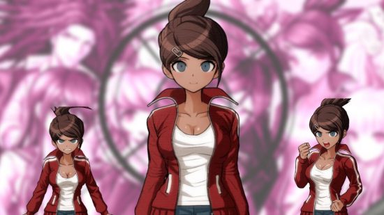 A Danganronpa sprite showing a woman with tied up brown hair, red jacket, and white tank top.