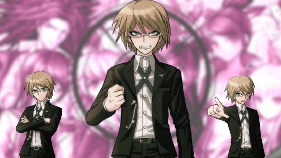 A Danganronpa sprite showing a man, fist clenched, with yellow long hair, jacket and white shirt.
