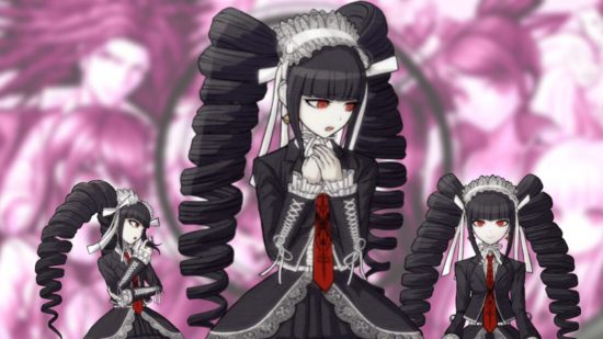 A Danganronpa sprite showing a woman with massive springy black pigtails and a black and white gothic dress.