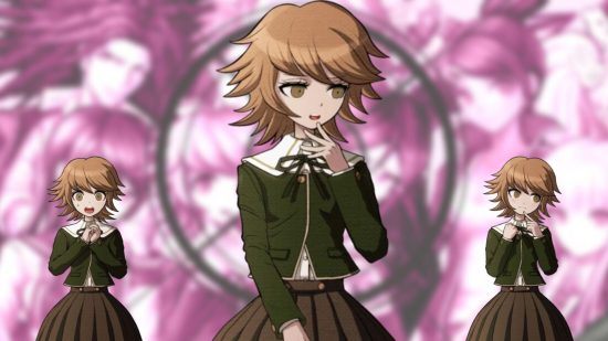 A Danganronpa sprite showing a girl with wavy light brown hair, green jacket, and skirt.