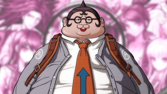 A Danganronpa sprite showing a large man with a big chin, orange tie, grey varsity jacket, curled sideburns, pointed short hair, and round glasses.