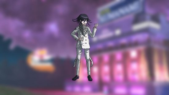 Danganronpa V3 characters: a boy in a black and white kneckerchief and white outfit that looks akin to a chef, except a tad more Metal. He has wavy black hair.