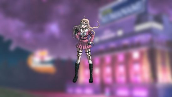 Danganronpa V3 characters: a woman with blonde hair and goggles on her forehead holds one hand up and the other is on her hip. She has a pink outfit on, short skirt with straps on her thighs underneath, and knee high boots.