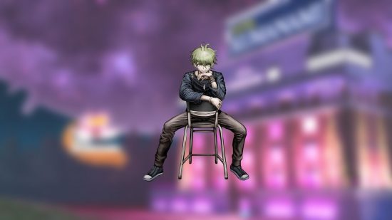 Danganronpa V3 characters: a blond boy sat on a chair, backwards, leaning his arms on its back. He has brown trousers, dark and black sneakers.