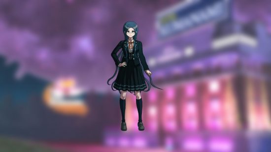 Danganronpa V3 characters: a woman with long blue hair, black dress and red tie, knee high socks and black shoes, with her hand on her hip, superimposed on a blurred purple background.