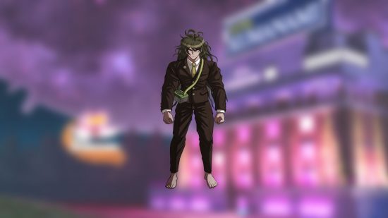 Danganronpa V3 characters: a shoeless man with wild brown hair over his shoulders and an all brown suit and yellow tie. His fists are clenched.