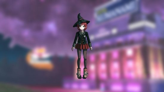 Danganronpa V3 characters: a woman with black school blazer and short red sirt on alongside a witches hat covering neat red hair.
