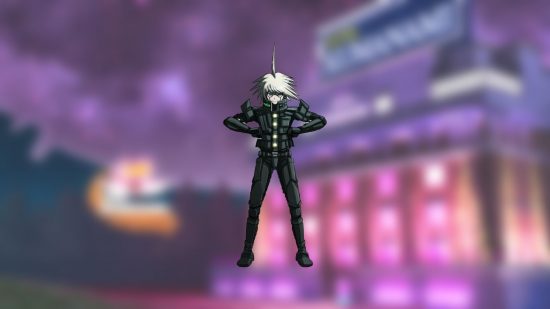 Danganronpa V3 characters: a robot boy with one strand of blonde hair sticking right into the sky, the rest messily spiky, hands unders his armpits, elbows out like a chicken, in an all black futuristic jumpsuit.