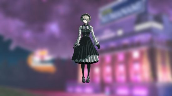 Danganronpa V3 characters: a doll-like woman with a black band in her short blonde hair wears a black dress with white sleeves and a white bow, like Wednesday from the Addams Family.