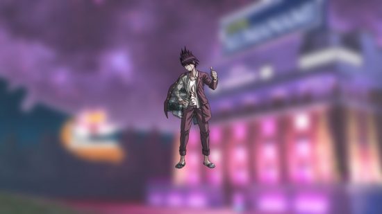 Danganronpa V3 characters: a boy with spiky brown hair, pink suit jacket and trousers, and a white t-shirt underneath raises one thumb in approval and uses the other hand to show the lining of his jacket.