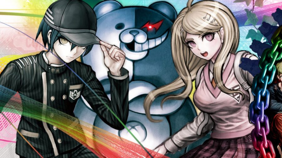 A blonde woman in a pink jumper on the right, a dark haired boy with black cap and black school clothes on the left, and a large bear, split down the middle colour-wise, black on the right, white on the left, stands in the middle, in art for Danganronpa V3.