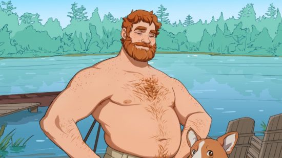 Screenshot of Dream Daddy character with his top off for dating games list