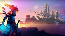 Dead Cells Apple Arcade: Key art shows an imposing protagonist looking towards a gothic castle