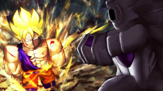 Dragon Blox codes: a Dragon Ball-style character with tall blonde hair, bare chest and orange shorts stands in a shroud of electric yellow light as another shadowy character to the right gestures towards him.
