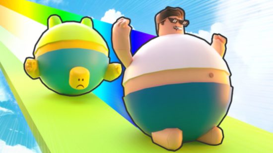 Screenshot of the key art of two rolling Roblox character for Fat Race Clicker codes guide