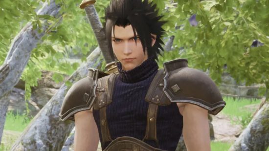 Screenshot of Final Fantasy VII Crisis Core reunion character Zack looking into the distance in a field with trees in it