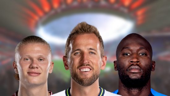 Harry Kane, Erling Haaland, and Romelu Lukaku headshot on a blurred background of a stadium for Fifa 23 lengthy players lists.