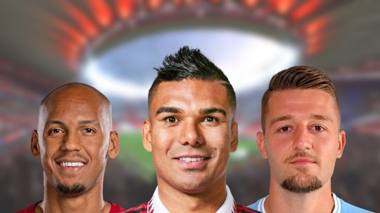 Casemiro, Fabinho, and MilikovSavic headshot on a blurred background of a stadium for Fifa 23 lengthy players lists.