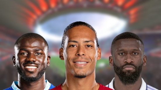 Virgil van Dijk, Antony Rudiger, and Kalidou Koulibaly headshot on a blurred background of a stadium for Fifa 23 lengthy players lists.