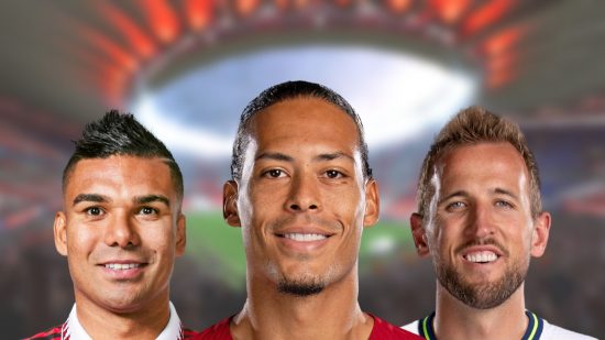 Virgil van Dijk, Casemiro, and Harry Kane headshot on a blurred background of a stadium for Fifa 23 lengthy players lists.
