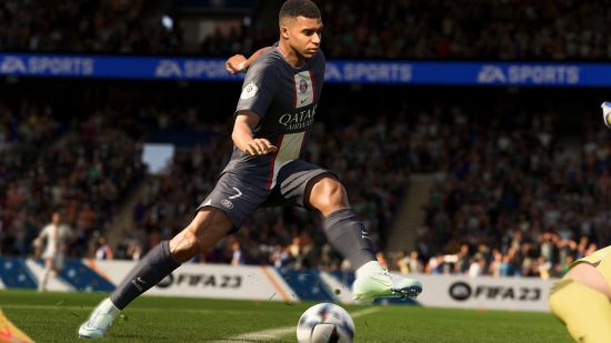 FIFA 23 online: Kylian Mbappe in a PSG kit dribbling on a grass football pitch with fan stands in the background. The PSG kit is purple and white.