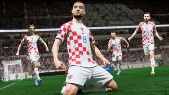 FIFA 23 OTW: four football players all in the same kit (white top and shorts, the top with some scattered red cubes on it.