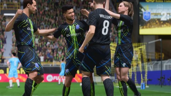 FIFA 23 pro clubs: four football players high fiving in their black and green kits.