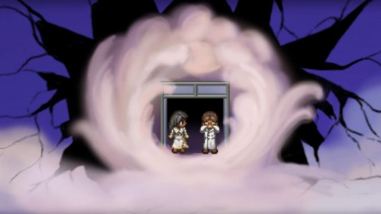 Screenshot from Finding Paradise with two characters standing in a dreamscape