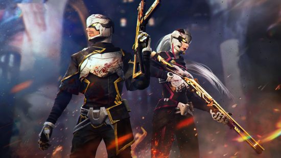Free fire redeem codes today - two characters side by side, holding huge guns