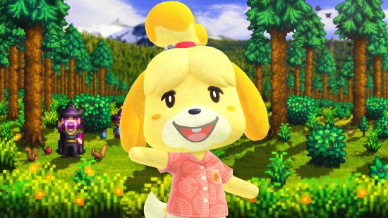 Games like Stardew Valley - Isabelle stood in a Stardew Valley field with the Wizard behind her