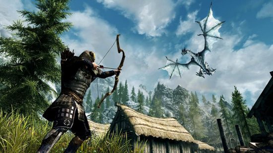 Games like The Witcher 3 - a character wielding a bow and aiming at a dragon in Skyrim