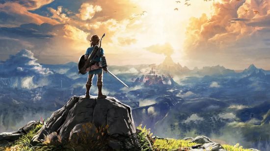 Games like The Witcher 3 - Link stood on a mountain looking out at the landscape in Zelda: Breath of the Wild