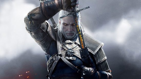 Games like The Witcher 3 - Geralt from the Witcher 3 scowling and drawing his sword