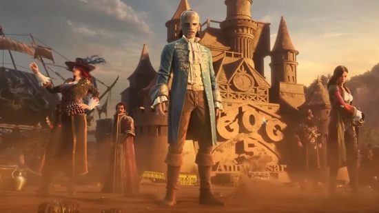 Guns of Glory dlc: three characters that look like mid century explorers stand in front of a sandy temple with dust rising from the ground.