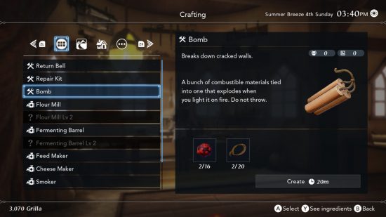 Harvestella bomb recipe at the crafting table