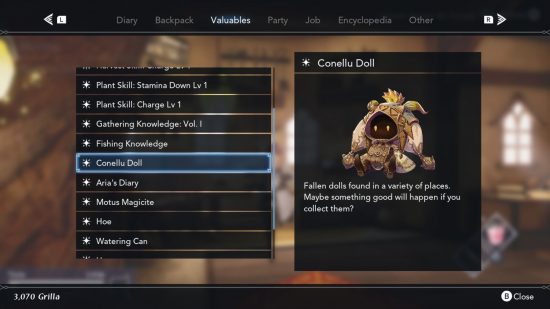 A Harvestella Conellu Doll on the valuables screen in-game