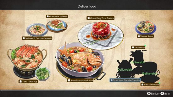 Harvestella food deliveries screen, showing multiple meals