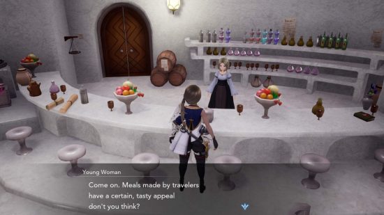 Harvestella food deliveries - the player talking to an Inn keeper about food