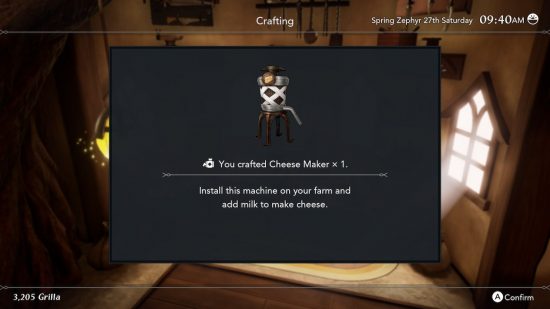 Harvestella machines - a cheese maker crafting screen