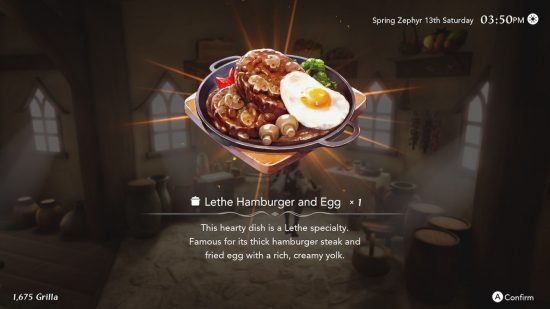 Harvestella review - a meal called Lethe Hamburger and Egg