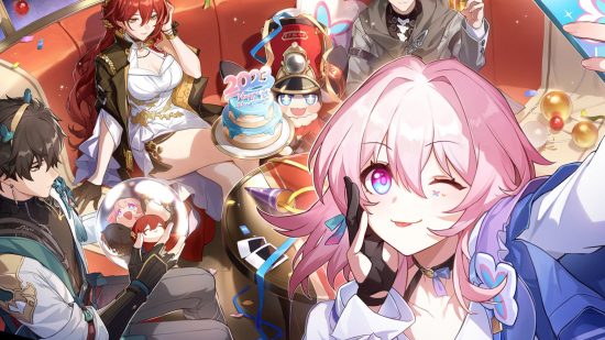 Honkai Star Rail beta: Honkai Star Rail's March 7th taking a selfie on her phone in front of a table full of characters eating a 2023 new years cake.
