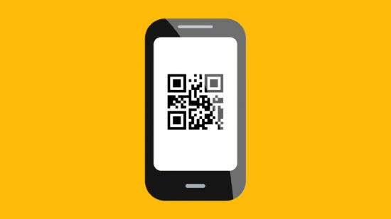 iPhone QR codes: an icon shows a mobile phone with a QR code on it, against a yellow background