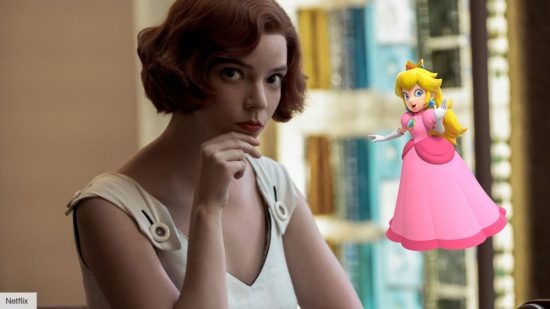 Mario's Anya Taylor-Joy, with ginger hair in a bob, white dress, hand to her chin, next to a PNG of Princess Peach, a blonde woman in a pink dress and small crown.