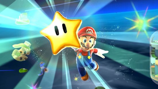 Screenshot for Mario Galaxy fifteenth anniversary article with Mario picking up a star in-game