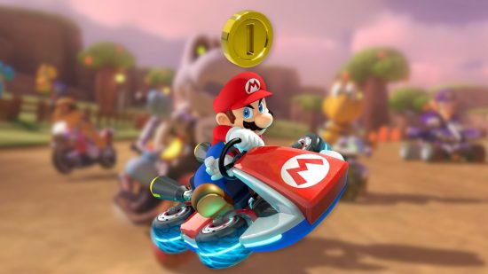 Custom image for Mario Kart Switch sales news with Mario in his kart with a golden coin overhead