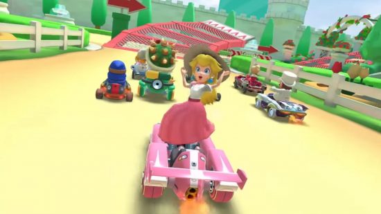 Screenshot of Peach driving around from the Mario Kart Tour Peach versus Bowser event trailer