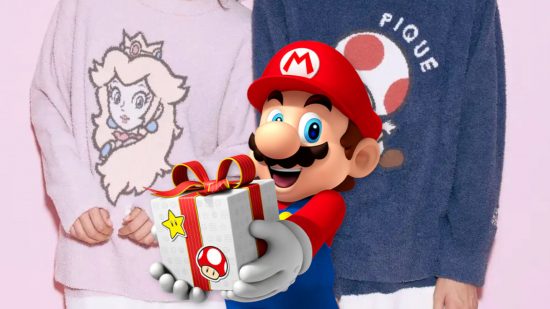 Custom image for Gelato Pique Mario merch line with two jumpers and Mario holding a present
