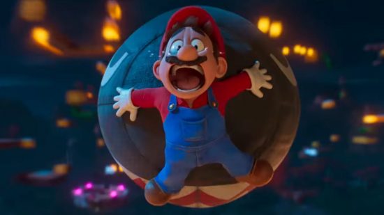 Screenshot of Mario flying towards the camera from the Mario movie trailer