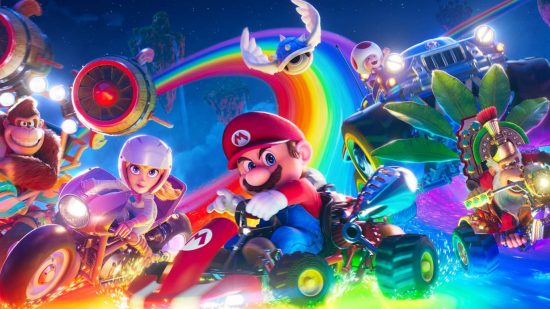 Mario movie trailer: Mario, Peach, Donkey Kong and others are riding in karts on Rainbow Road